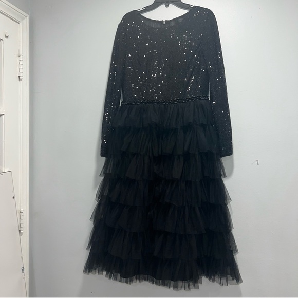 Mac Duggal Sequined Black Long Sleeve Ruffle Tiered Midi Dress - Gently Worn - Picture 7 of 16